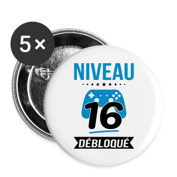 Anniversaire 16 ans - Niveau 16 débloqué - Gamer - Lot de 5 grands badges (56 mm) - blanc - Devant