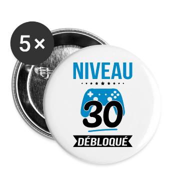 Anniversaire 30 ans - Niveau 30 débloqué - Gamer - Lot de 5 grands badges (56 mm) - blanc - Devant