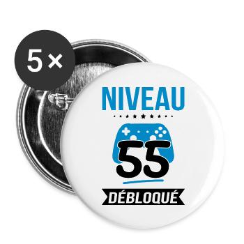 Anniversaire 55 ans - Niveau 55 débloqué - Gamer - Lot de 5 grands badges (56 mm) - blanc - Devant