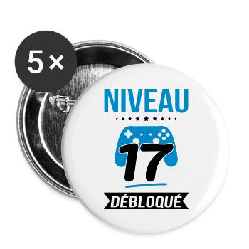 Anniversaire 17 ans - Niveau 17 débloqué - Gamer - Lot de 5 grands badges (56 mm) - blanc - Devant