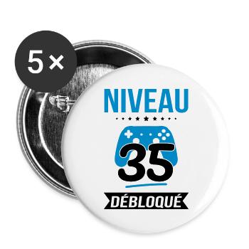 Anniversaire 35 ans - Niveau 35 débloqué - Gamer - Lot de 5 grands badges (56 mm) - blanc - Devant