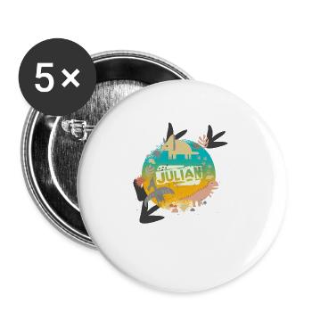 JULIAN - Schöner Jungen Name mit süßen Dinosaurier - Buttons groß 56 mm (5er Pack) - Weiß - Vorne
