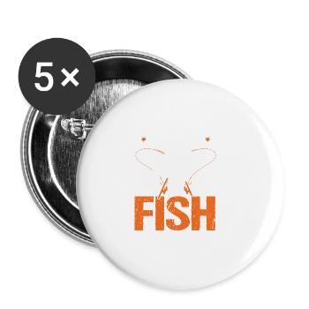 Angler Outfit zum Fischen und Angeln, Fisch - Buttons groß 56 mm (5er Pack) - Weiß - Vorne