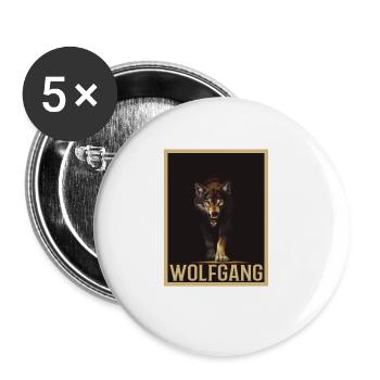 WOLFGANG Name Wolf Outfit zum Namenstag mit Name - Buttons groß 56 mm (5er Pack) - Weiß - Vorne