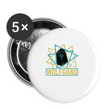 WOLFGANG Name Wolf Outfit zum Namenstag mit Name - Buttons groß 56 mm (5er Pack) - Weiß - Vorne