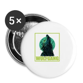 WOLFGANG Nom Tenue de loup pour le jour du nom avec le nom - Lot de 5 grands badges (56 mm) - blanc - Devant