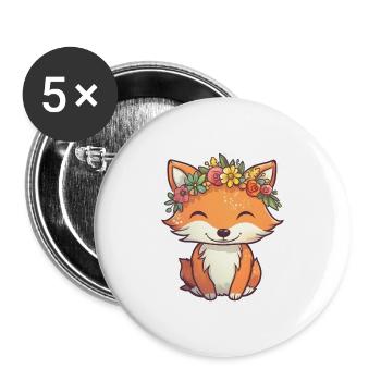 Kleiner Fuchs mit Blumenkrone - Buttons groß 56 mm (5er Pack) - Weiß - Vorne