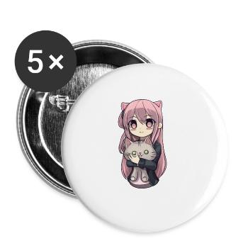 Anime Katzen Kawaii Teen Otaku Mädchen Mit Katze - Buttons groß 56 mm (5er Pack) - Weiß - Vorne