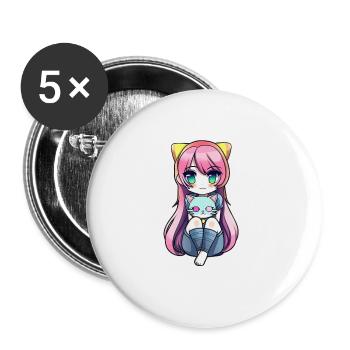 Anime Katzen Kawaii Teen Otaku Mädchen Mit Katze - Buttons groß 56 mm (5er Pack) - Weiß - Vorne
