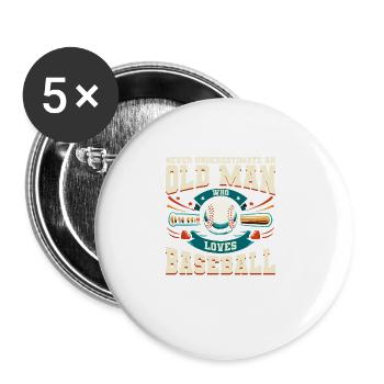 Unterschätze niemals einen alten Mann, der Baseball liebt - Buttons groß 56 mm (5er Pack) - Weiß - Vorne