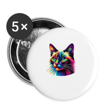 Bunte Pop Art Balinesische Katze Langhaarig - Buttons groß 56 mm (5er Pack) - Weiß - Vorne