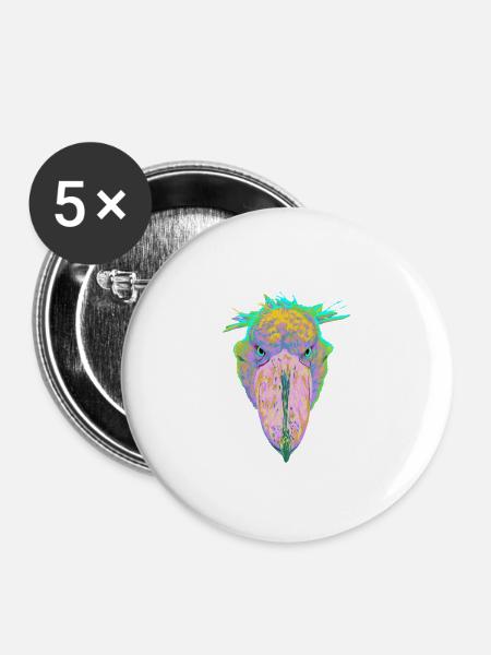 Bunter Splash Vogel Schuhschnabel - Buttons groß 56 mm (5er Pack) - Weiß