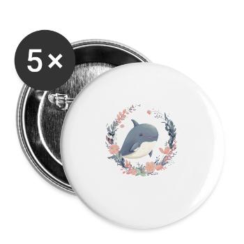 Niedlicher Wal Blumen Blauwal für einen Orca - Buttons groß 56 mm (5er Pack) - Weiß - Vorne