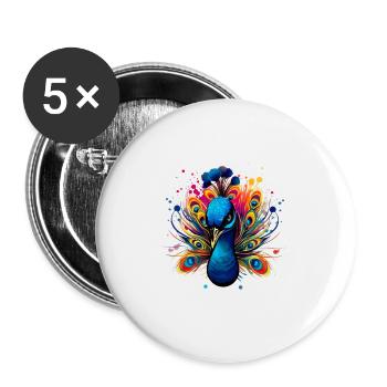 Bunter Pfau für Ornithologe Tierliebhaber - Buttons groß 56 mm (5er Pack) - Weiß - Vorne