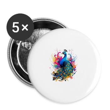 Bunter Pfau für Ornithologe Tierliebhaber - Buttons groß 56 mm (5er Pack) - Weiß - Vorne