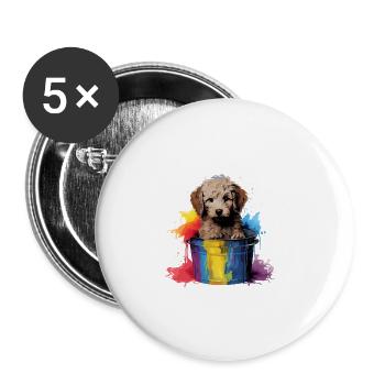 Niedlicher Pudel Hund Farbeimer - Buttons groß 56 mm (5er Pack) - Weiß - Vorne