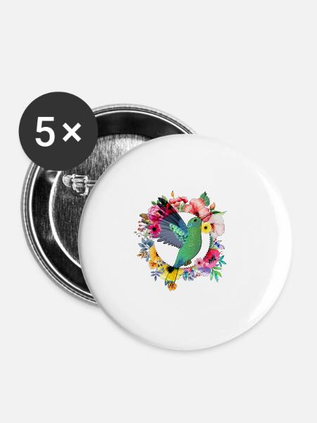 Kolibri Vogel Blumen Blumenstrauß - Buttons groß 56 mm (5er Pack) - Weiß