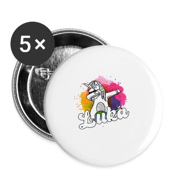 LUKA - Beau nom de garçon avec licorne cool - Lot de 5 grands badges (56 mm) - blanc - Devant