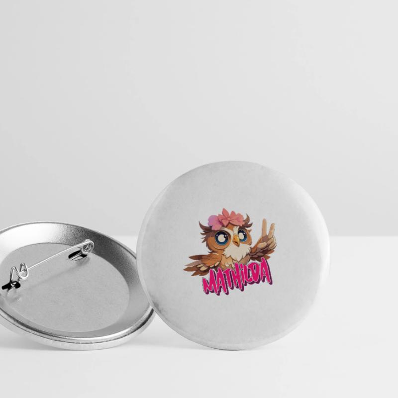 MATHILDA - Schöner Mädchen Name mit süßer EULE Buttons groß 56 mm (5er Pack)