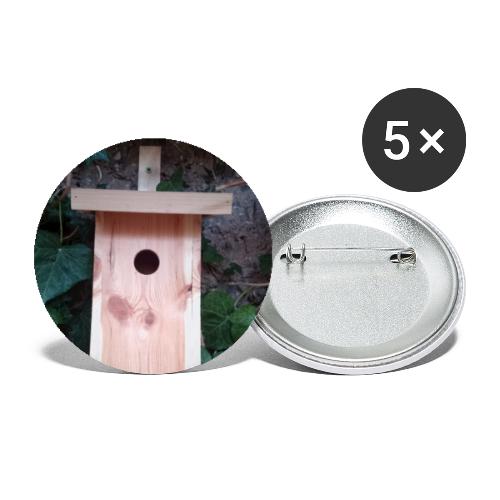 Der Nistkasten - Luxus für den Garten-Vogel - Buttons groß 56 mm (5er Pack)