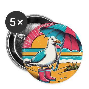 Bunte Pop Art Möwe Gummistiefel und Regenschirm - Buttons groß 56 mm (5er Pack) - Weiß - Vorne
