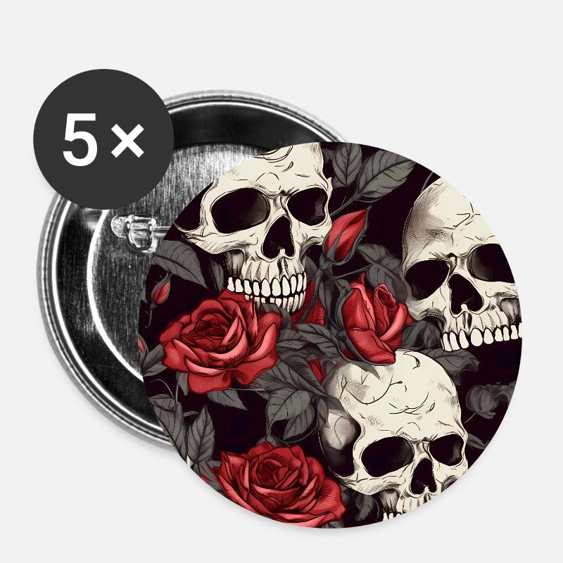 Dark Elegant Goth Skulls & Red Roses Pattern - Buttons large 2.2''/56 mm (5-pack) - white