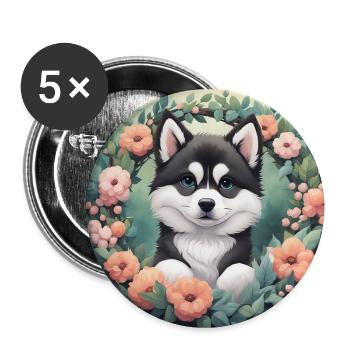 Niedliches Baby Alaska Malamute Blumen - Buttons groß 56 mm (5er Pack) - Weiß - Vorne
