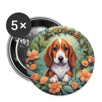 Mignon Kawaii bébé Basset Hound Floral - Lot de 5 grands badges (56 mm) - blanc - Devant