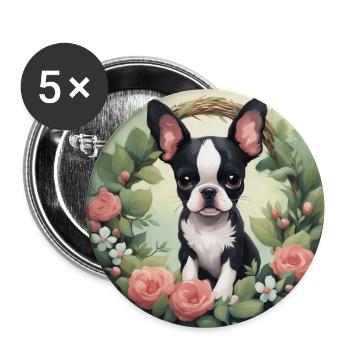 Mignon Kawaii bébé Boston Terrier Floral - Lot de 5 grands badges (56 mm) - blanc - Devant