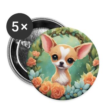 Mignon Kawaii bébé Chihuahua Floral - Lot de 5 grands badges (56 mm) - blanc - Devant