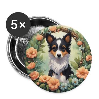 Cute Kawaii Baby Border Collie Floral - Buttons large 2.2''/56 mm (5-pack) - white - Front