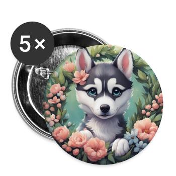 Niedliche Kawaii Baby Husky Blumen - Buttons groß 56 mm (5er Pack) - Weiß - Vorne