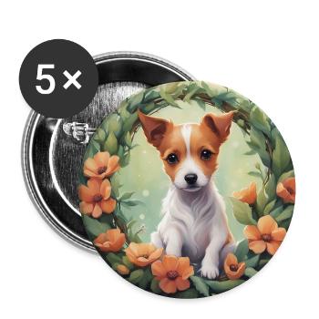 Niedlicher Kawaii Baby Jack Russel Terrier Floral - Buttons groß 56 mm (5er Pack) - Weiß - Vorne