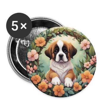 Mignon Kawaii bébé Saint Bernard Floral - Lot de 5 grands badges (56 mm) - blanc - Devant