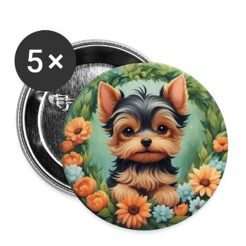 Mignon Kawaii bébé Yorkshire terrier Floral - Lot de 5 grands badges (56 mm) - blanc - Devant