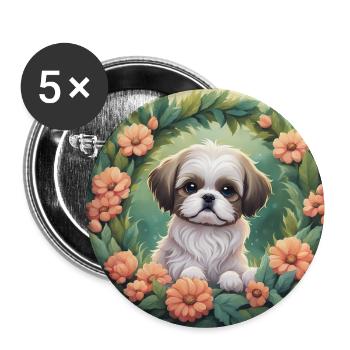 Mignon Kawaii bébé Shih Tzu Floral - Lot de 5 grands badges (56 mm) - blanc - Devant