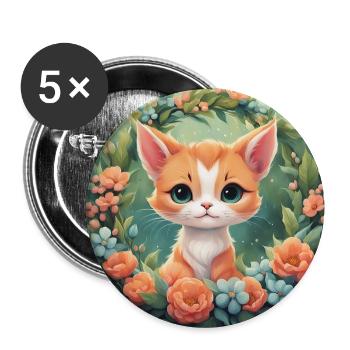 Niedliche Kawaii Babykatze Blumen - Buttons groß 56 mm (5er Pack) - Weiß - Vorne