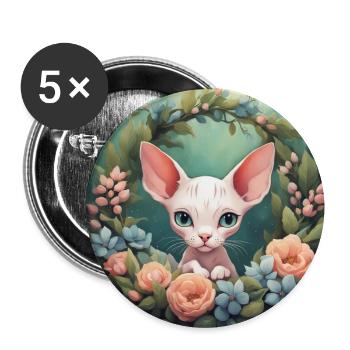Niedliche Kawaii Baby Sphinx Katze Blumen - Buttons groß 56 mm (5er Pack) - Weiß - Vorne