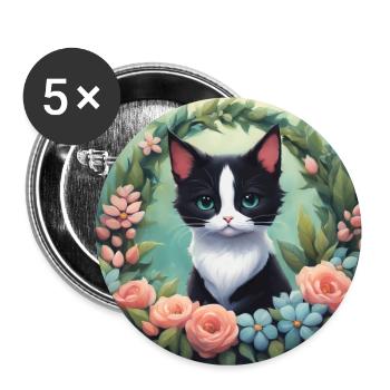 Niedliche Kawaii Baby Tuxedo Katze Blumen - Buttons groß 56 mm (5er Pack) - Weiß - Vorne