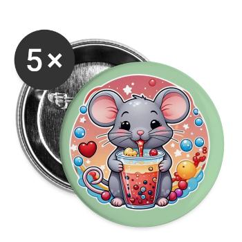 Kleine Süße Maus mit Erfrischung und Strohhalm - Buttons groß 56 mm (5er Pack) - Weiß - Vorne