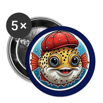 Drôle de poisson-globe avec casquette de baseball rouge - Lot de 5 grands badges (56 mm) - blanc - Devant