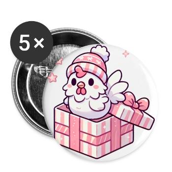 Coffret cadeau joyeux coq en chapeau d’hiver - Lot de 5 grands badges (56 mm) - blanc - Devant