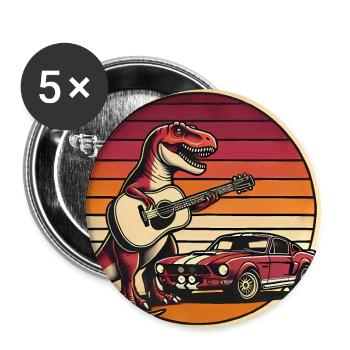Retro TRex Gitarrist mit Sportwagen - Buttons groß 56 mm (5er Pack) - Weiß - Vorne