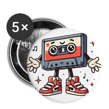 Retro Kassette Charakter Cartoon - Buttons groß 56 mm (5er Pack) - Weiß - Vorne