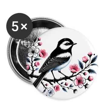 Chicadée sur le dessin d’une branche fleurie - Lot de 5 grands badges (56 mm) - blanc - Devant