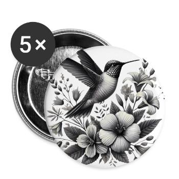 Kolibri mit eleganten Blumen - Buttons groß 56 mm (5er Pack) - Weiß - Vorne