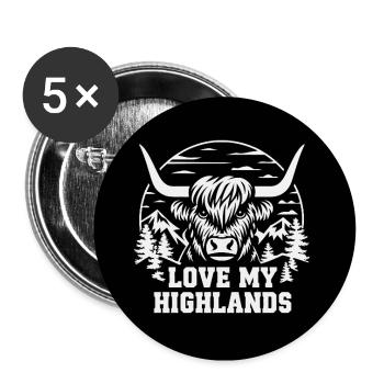 Love My Highlands Scottish Highland Cattle - Lot de 5 grands badges (56 mm) - blanc - Devant