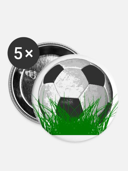 Fußball im Gras - Buttons groß 56 mm (5er Pack) - Weiß