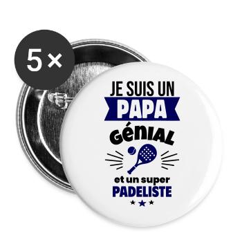 Papa génial & padéliste – idée fête des pères - Lot de 5 grands badges (56 mm) - blanc - Devant