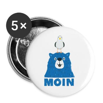 Blauer Bär mit Möwe Kopf Moin Hamburger Dialekt  - Buttons groß 56 mm (5er Pack) - Weiß - Vorne